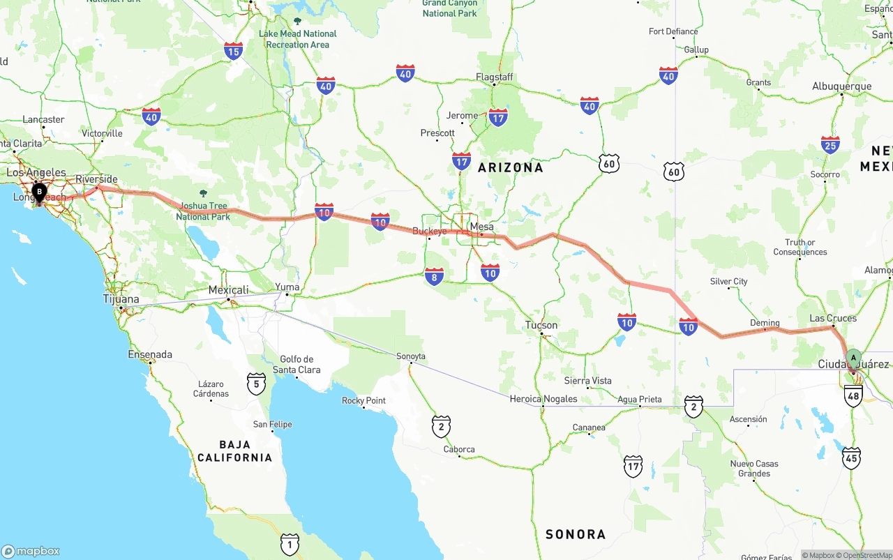Shipping route from El Paso to Long Beach