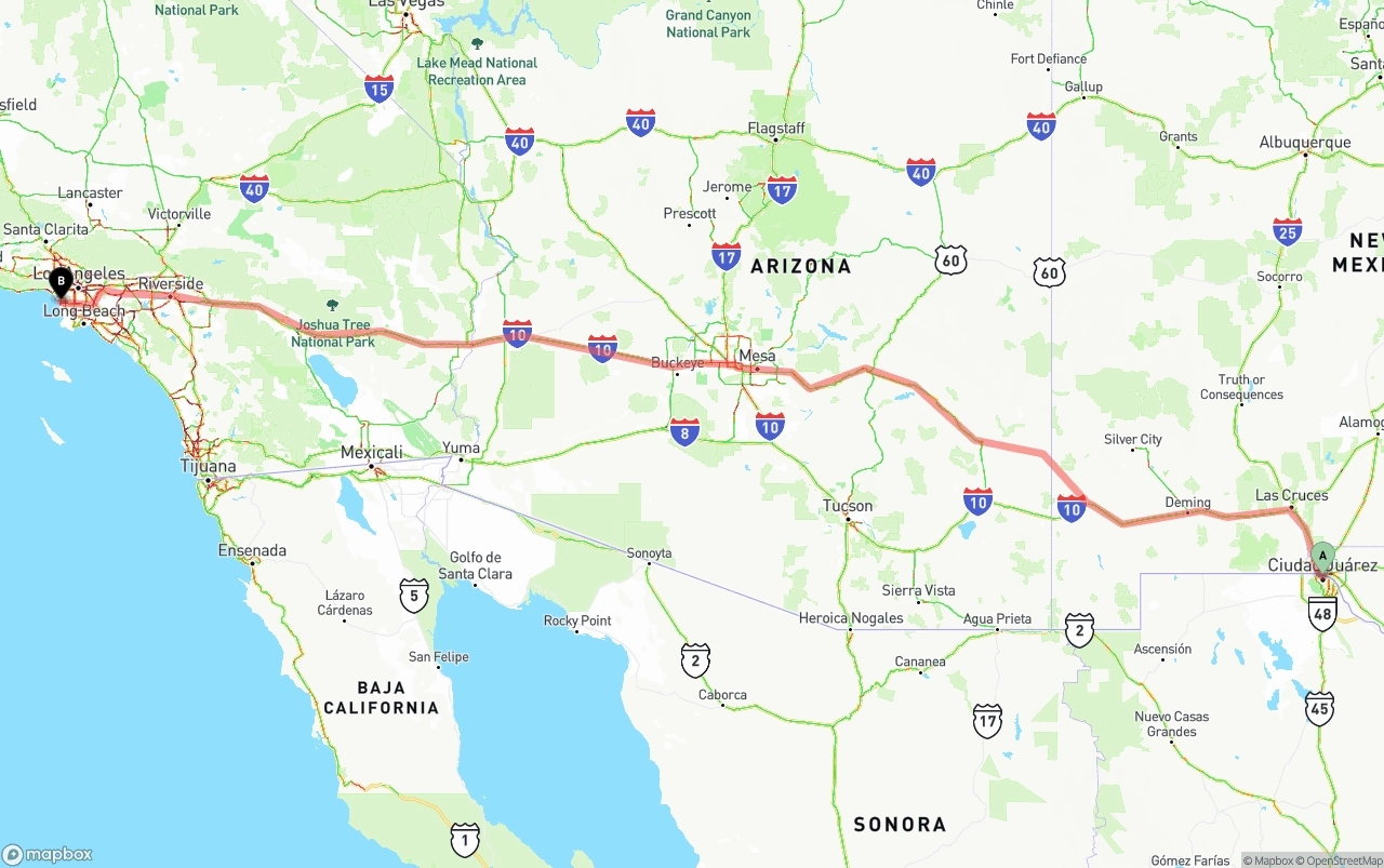 Shipping route from El Paso to Los Angeles International Airport