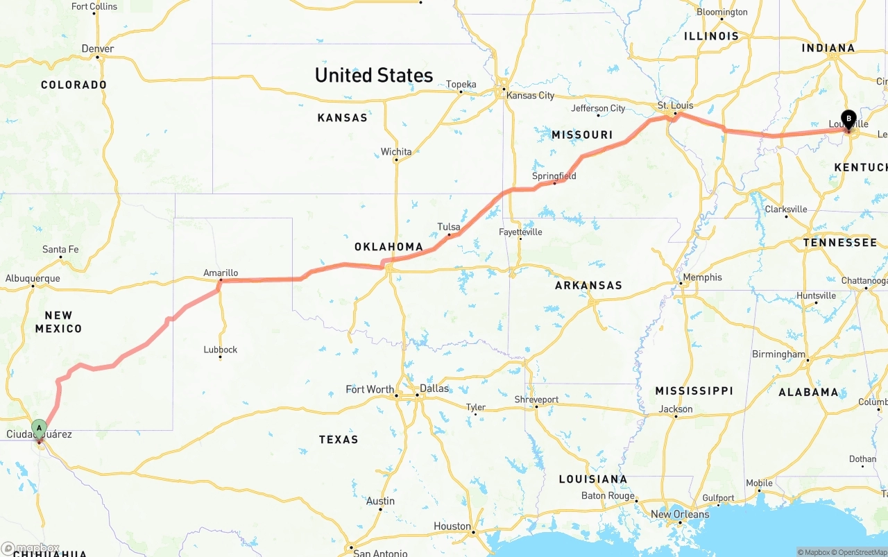 Shipping route from El Paso to Louisville