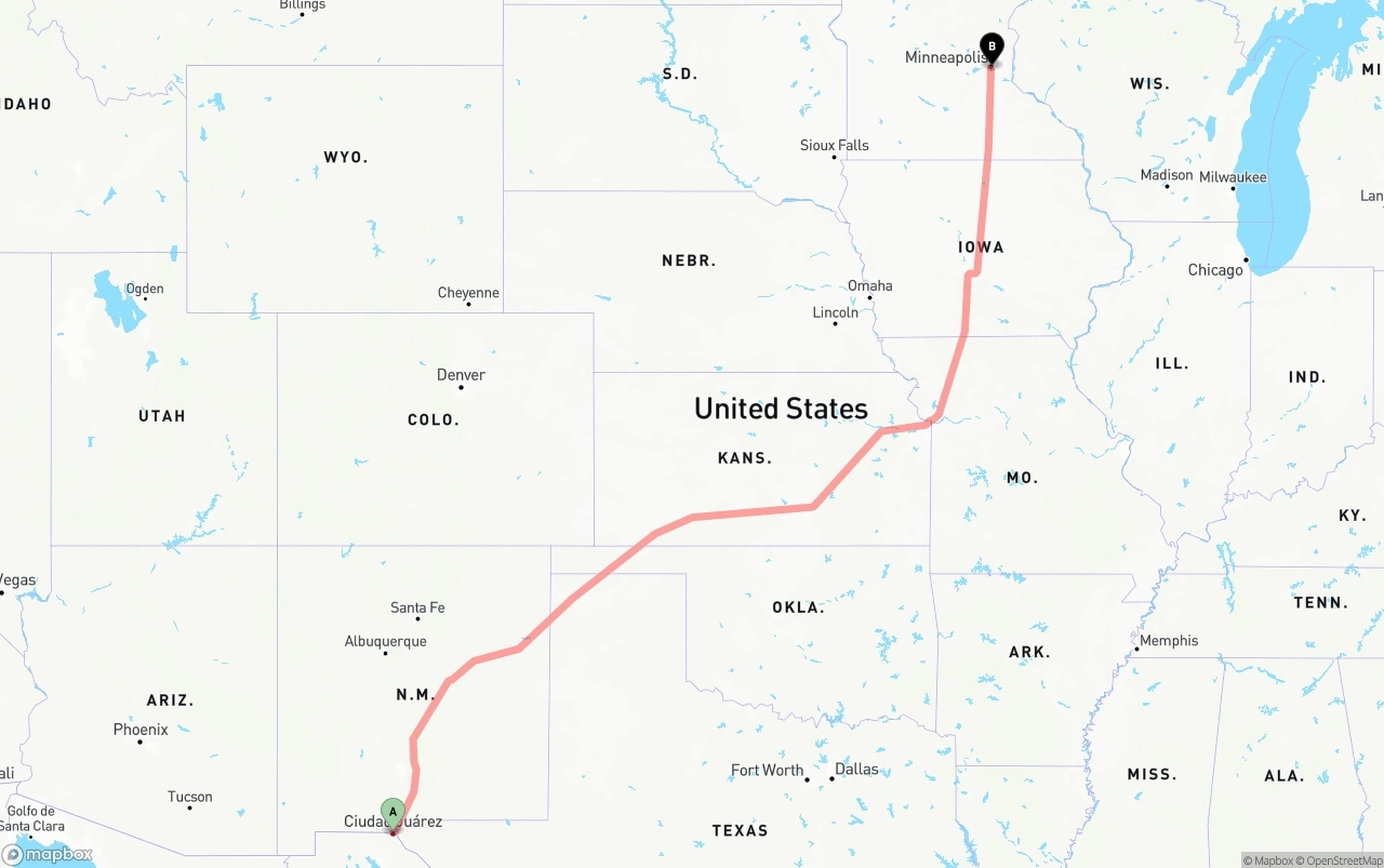 Shipping route from El Paso to Minneapolis