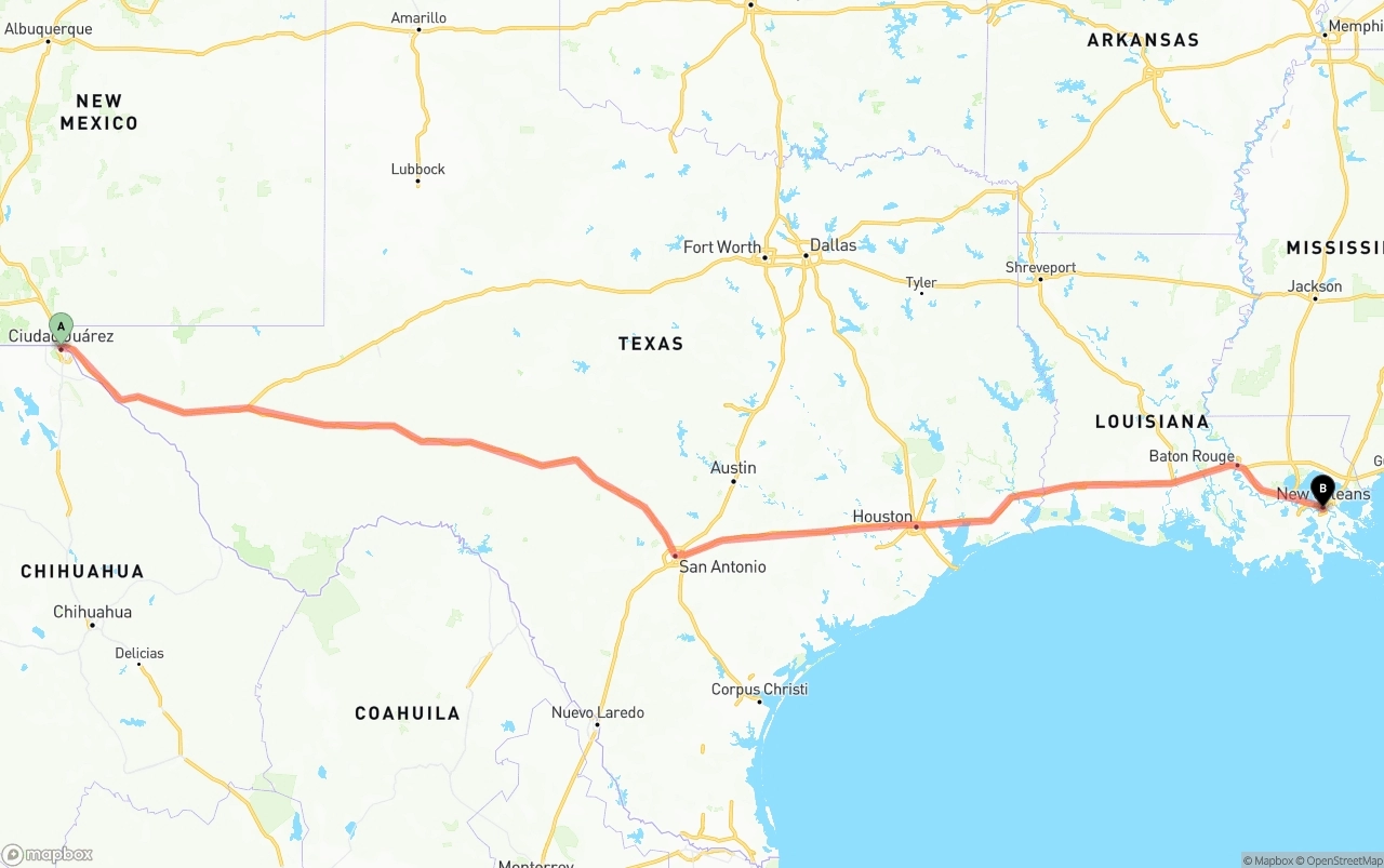 Shipping route from El Paso to New Orleans