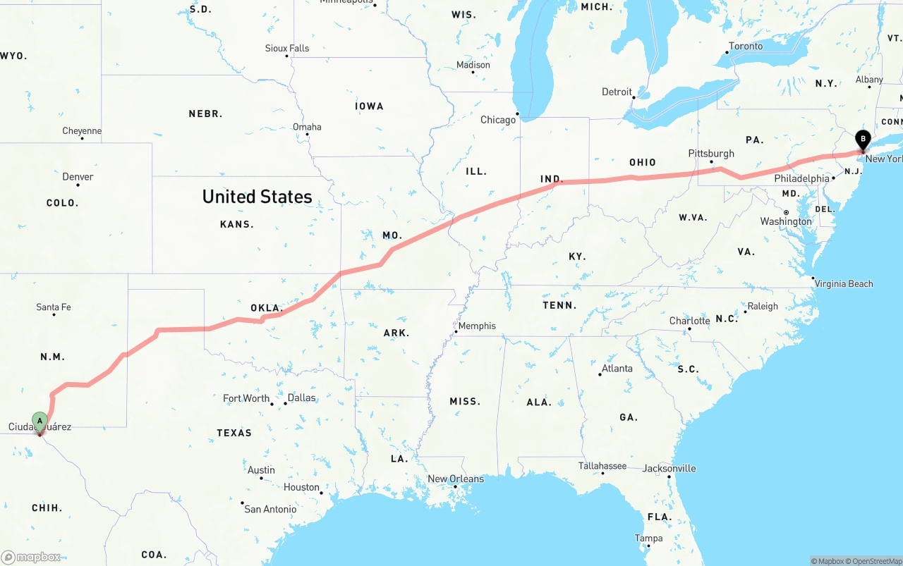 Shipping route from El Paso to New York City