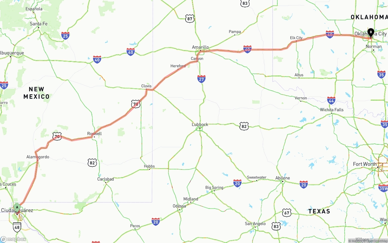 Shipping route from El Paso to Oklahoma City