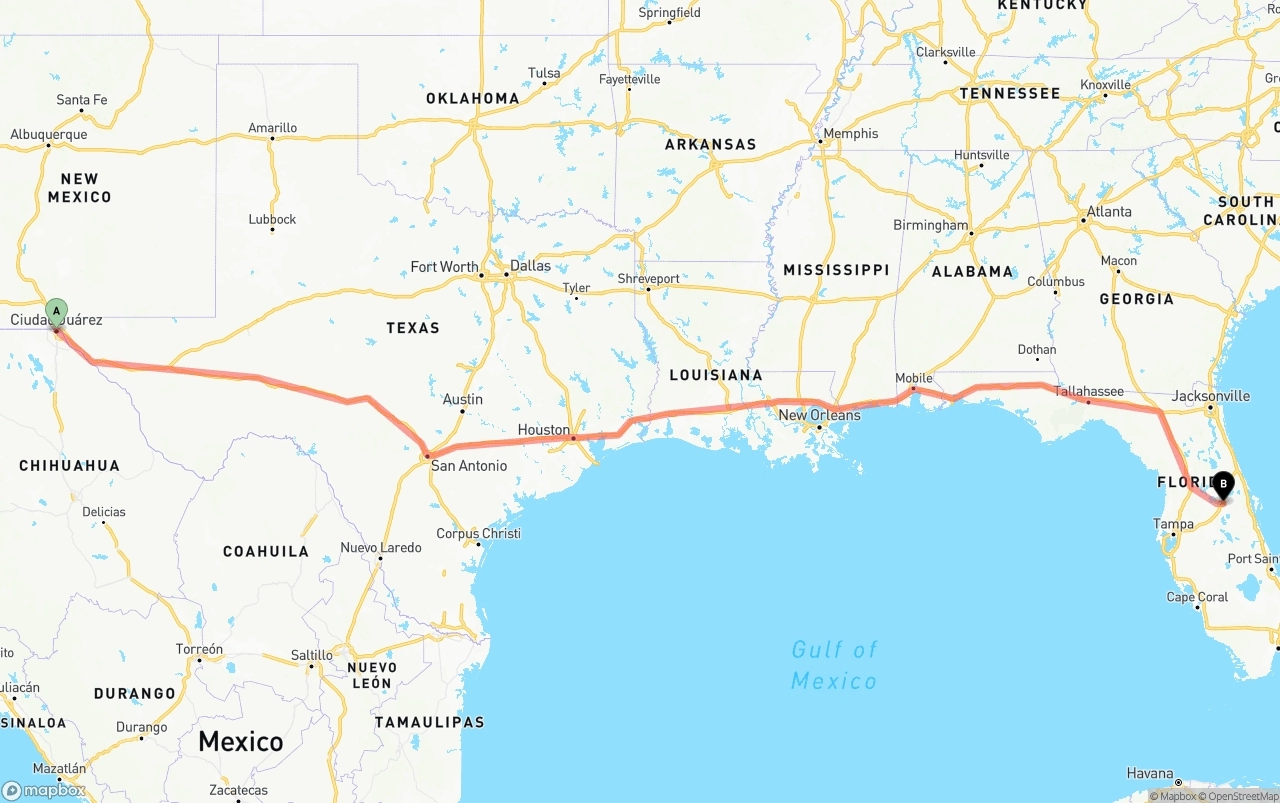 Shipping route from El Paso to Orlando