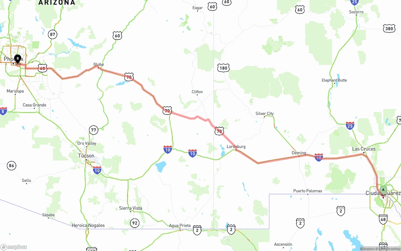 Shipping route from El Paso to Phoenix Sky Harbor International Airport