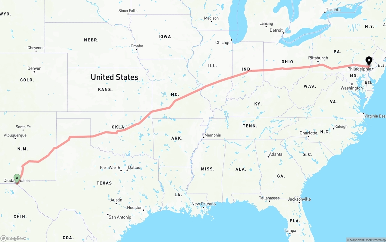 Shipping route from El Paso to Phoenix