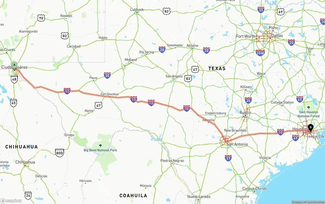 Shipping route from El Paso to Port of Houston