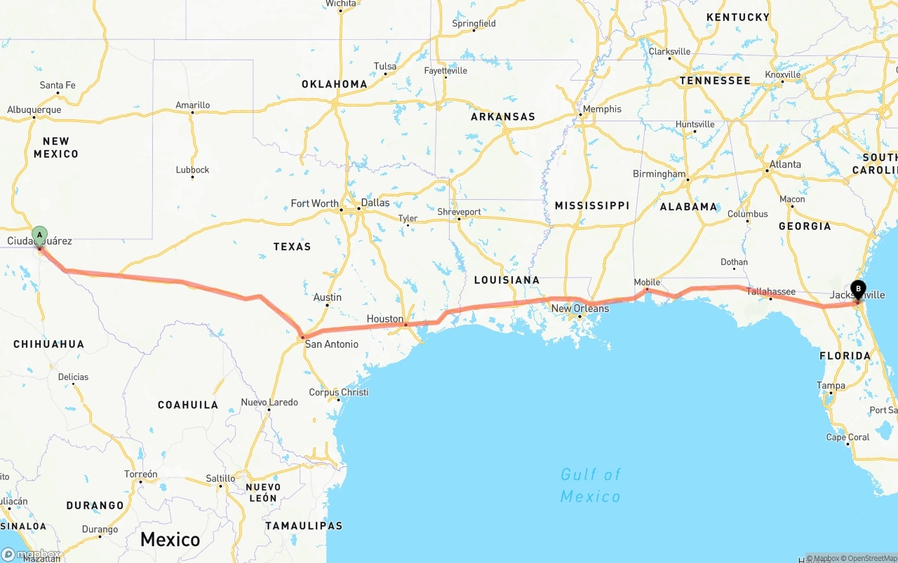 Shipping route from El Paso to Port of Jacksonville