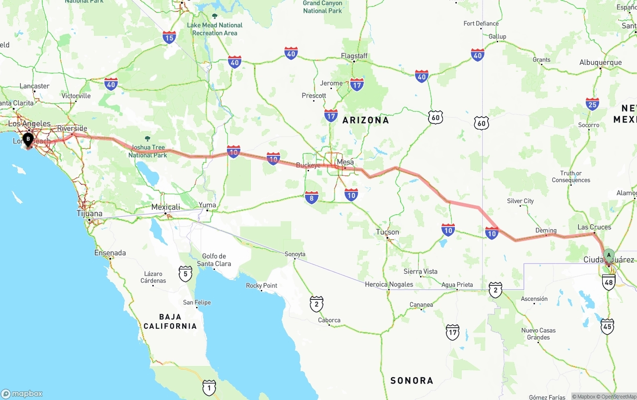 Shipping route from El Paso to Port of Los Angeles