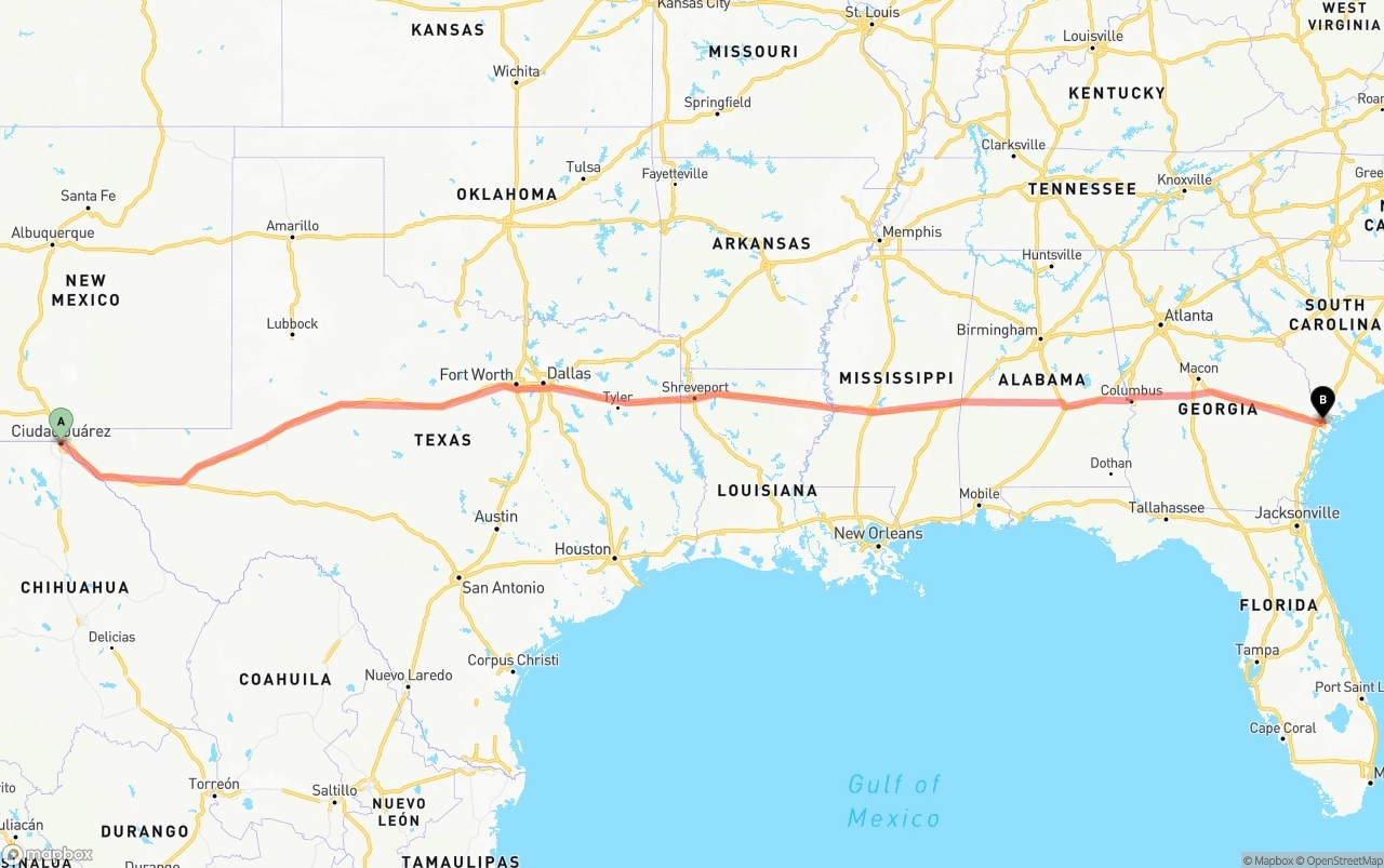 Shipping route from El Paso to Port of Savannah