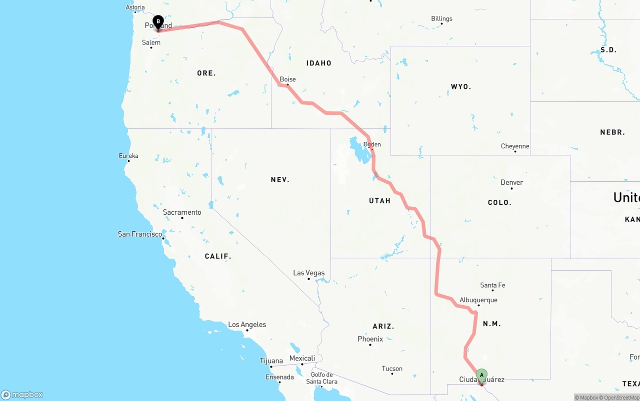 Shipping route from El Paso to Portland