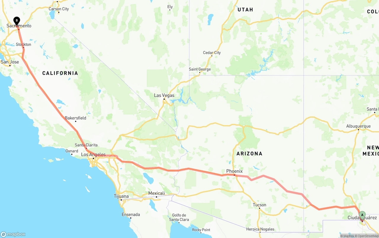 Shipping route from El Paso to Sacramento International Airport