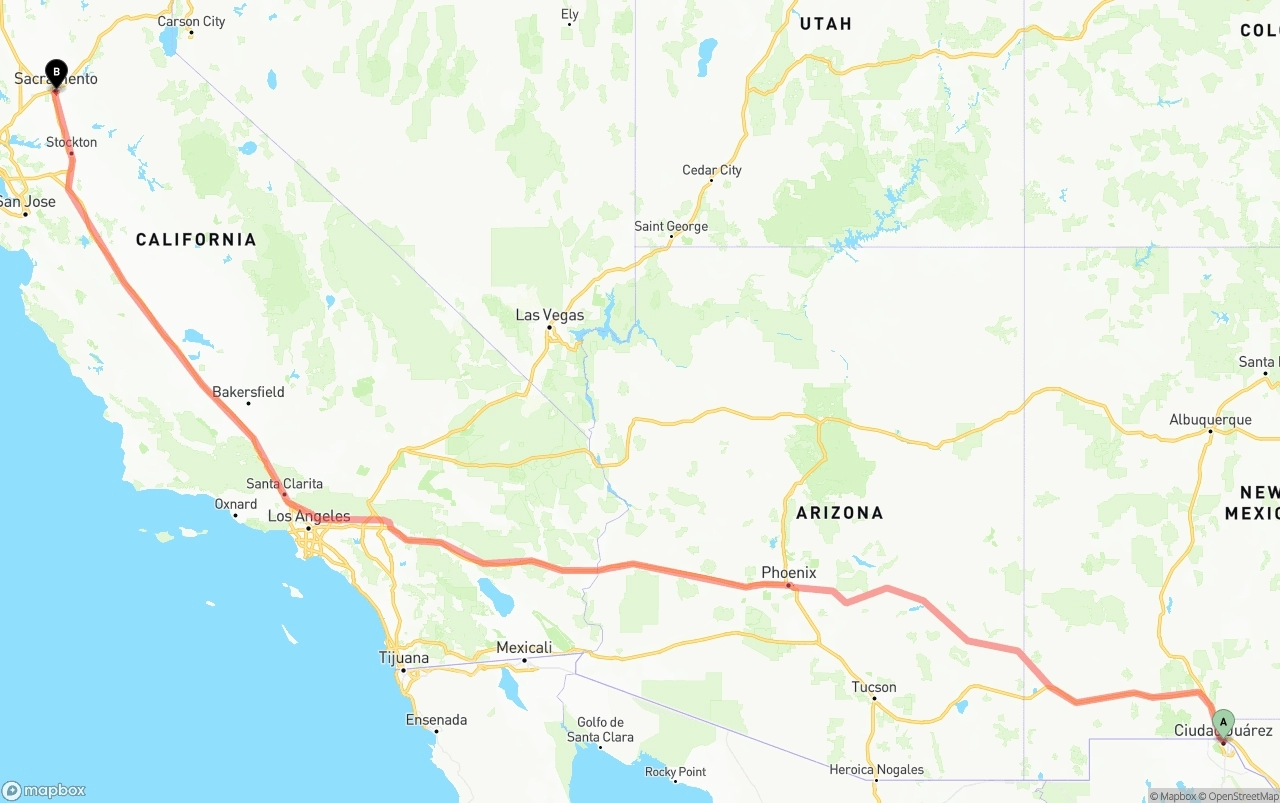 Shipping route from El Paso to Sacramento