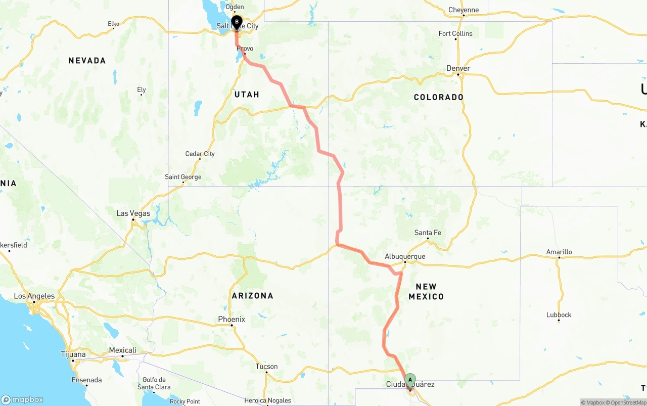 Shipping route from El Paso to Salt Lake City