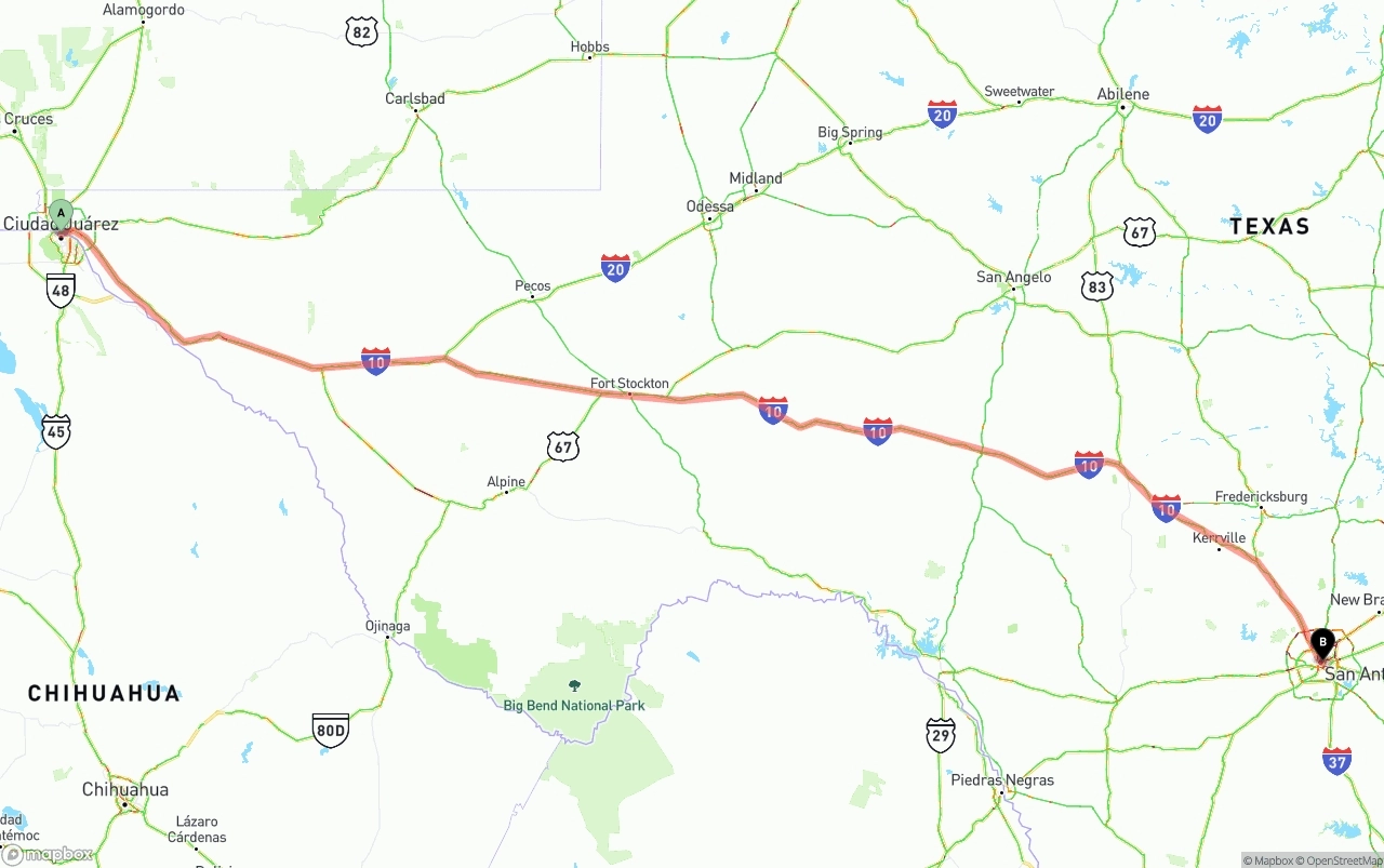 Shipping route from El Paso to San Antonio