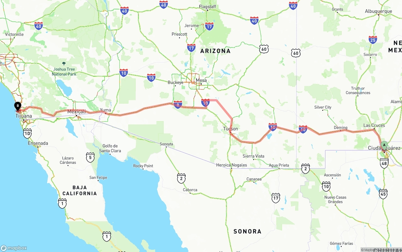 Shipping route from El Paso to San Diego International Airport