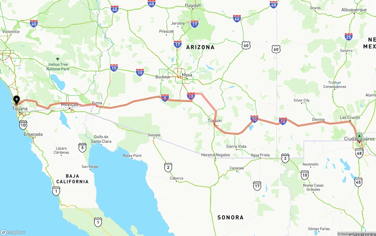 Shipping route from El Paso to San Diego