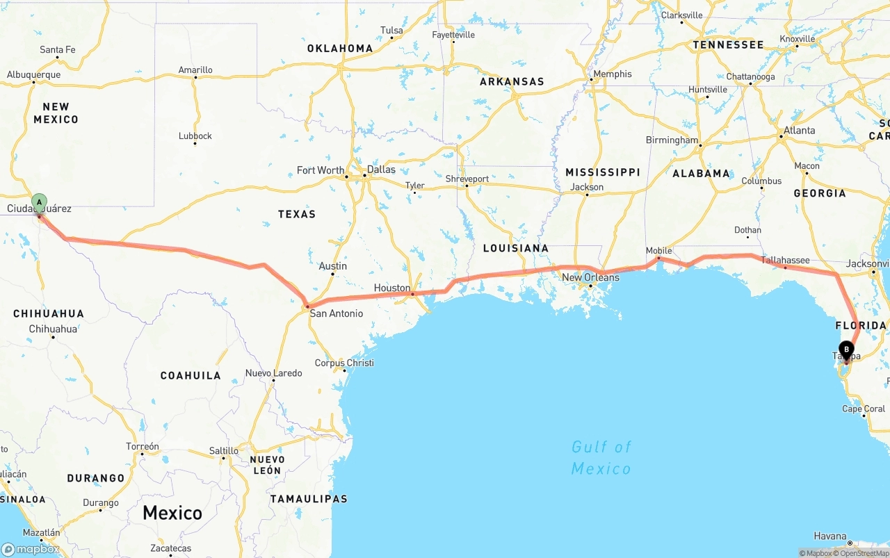 Shipping route from El Paso to Tampa