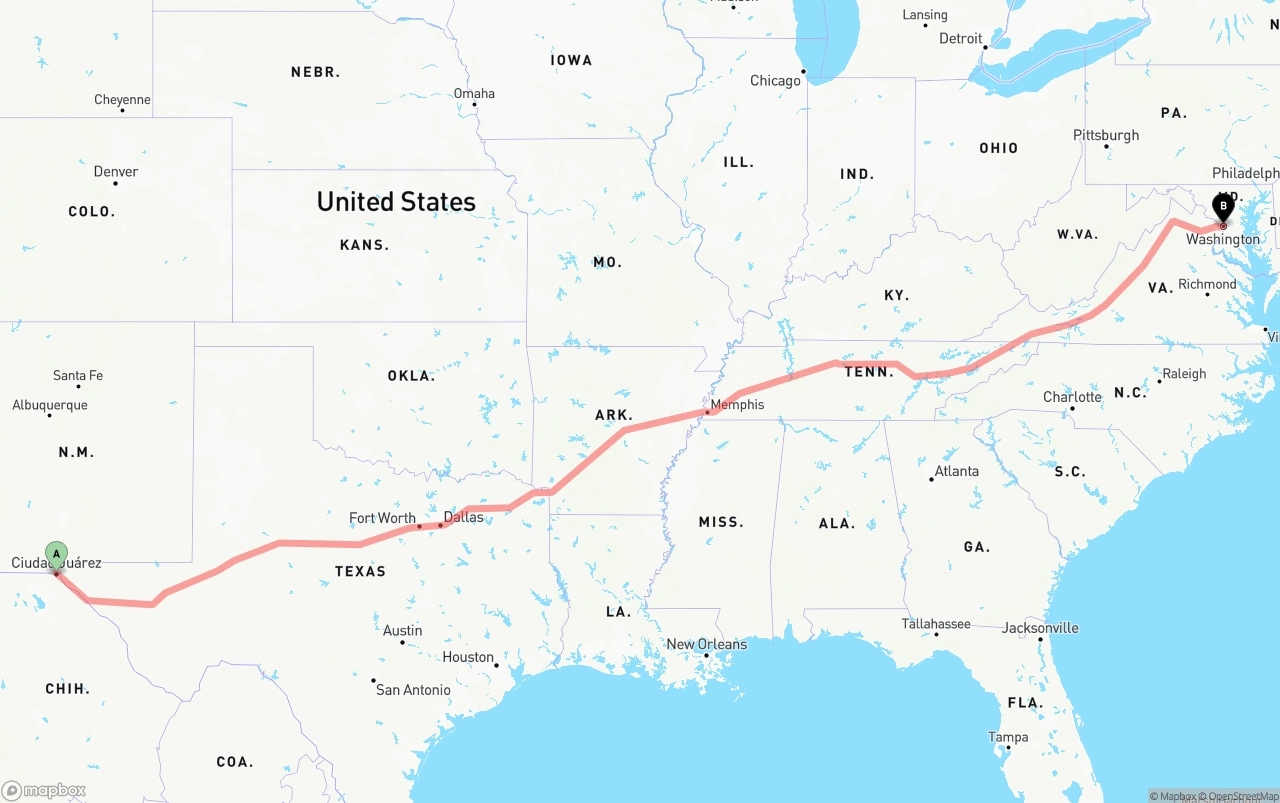 Shipping route from El Paso to Washington D.C.