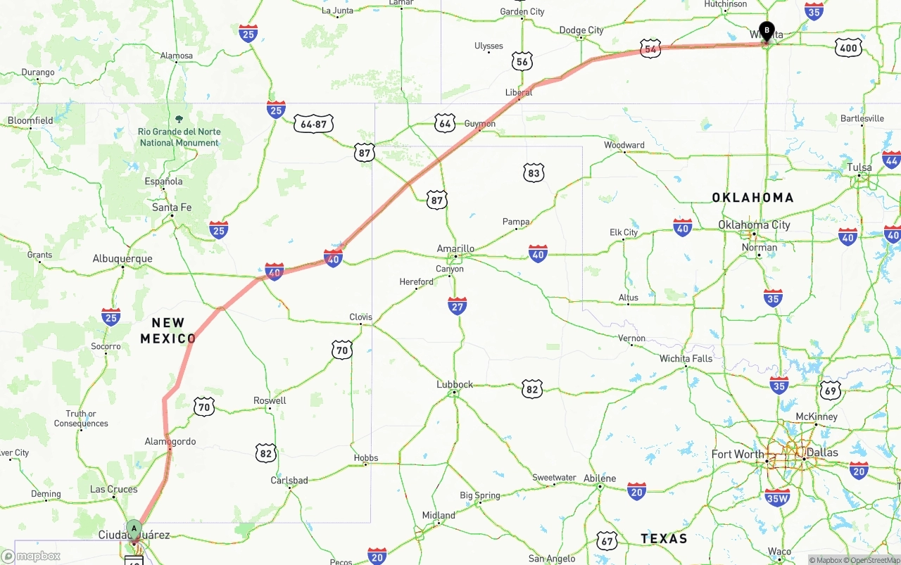 Shipping route from El Paso to Wichita