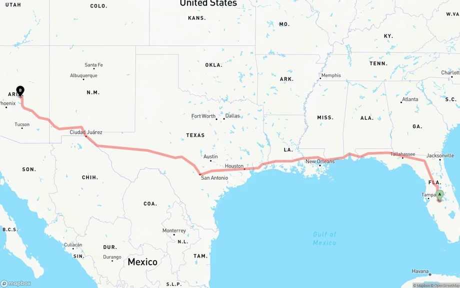 Florida to Arizona freight shipping route map