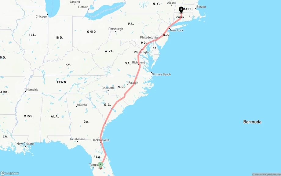 Florida to Bradley International Airport freight shipping route map
