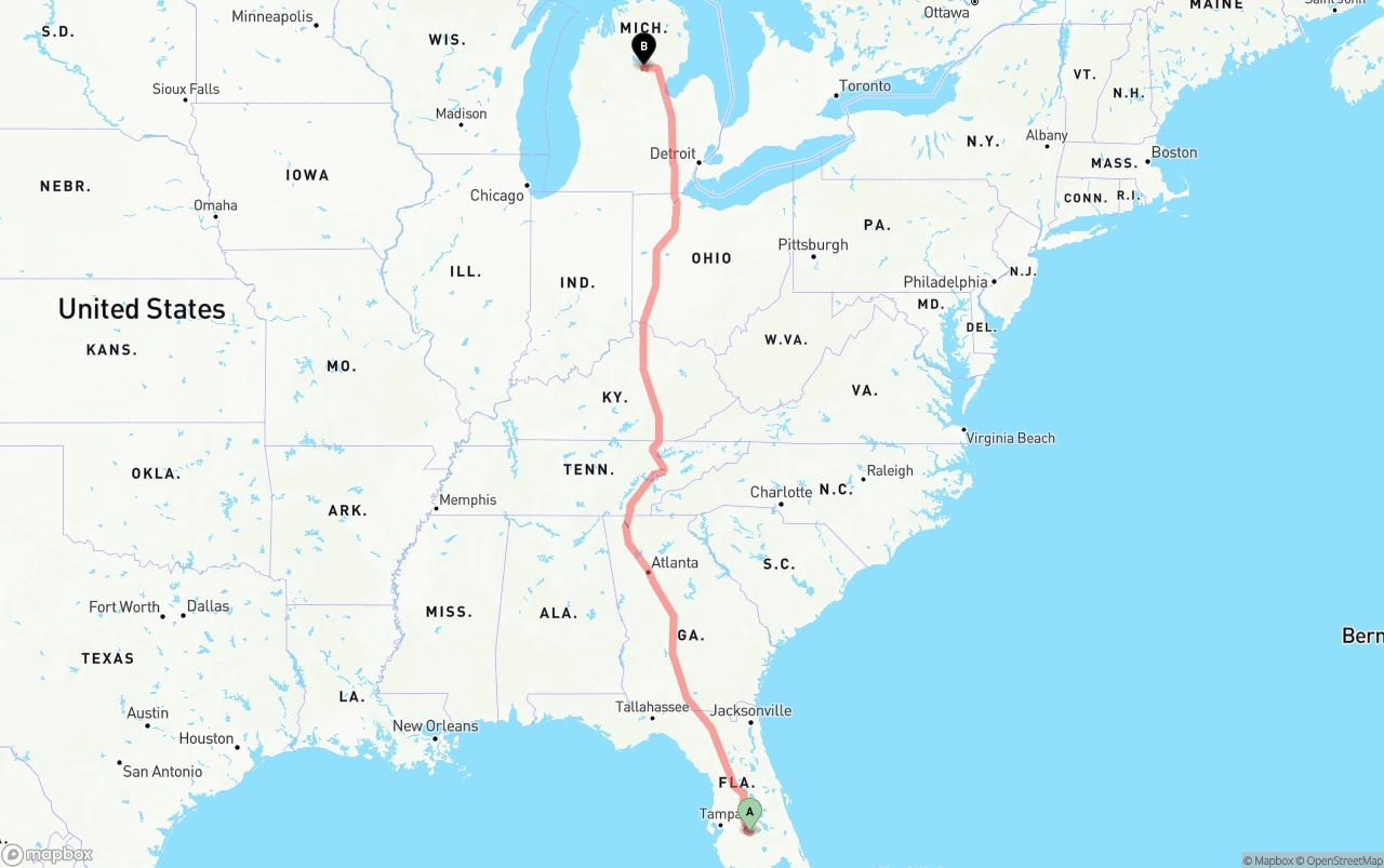 Shipping route from Florida to Michigan