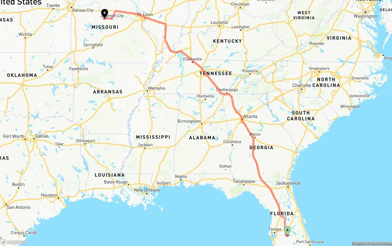 Shipping route from Florida to Missouri