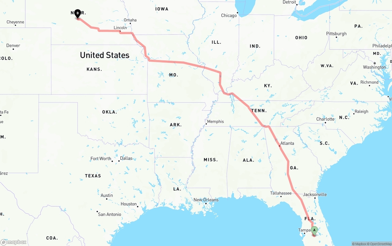 Shipping route from Florida to Nebraska