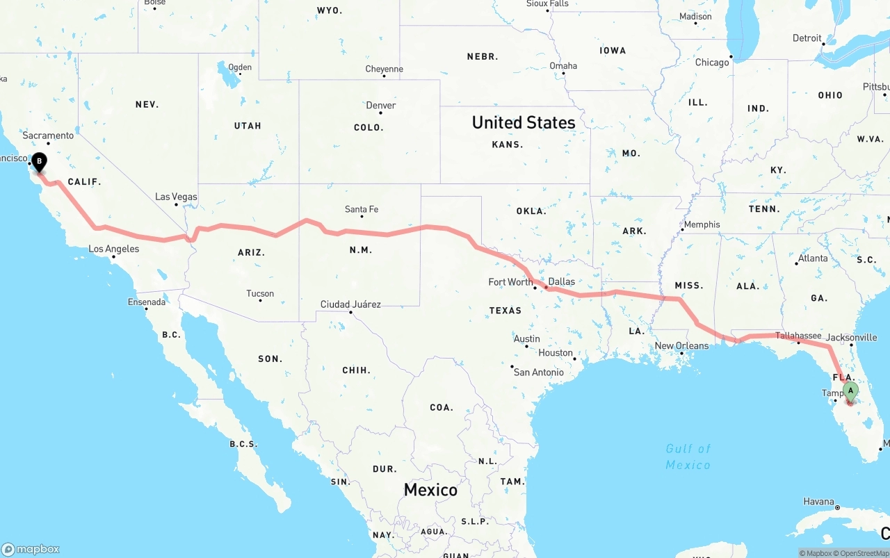 Shipping route from Florida to Norman Y. Mineta San Jose International Airport