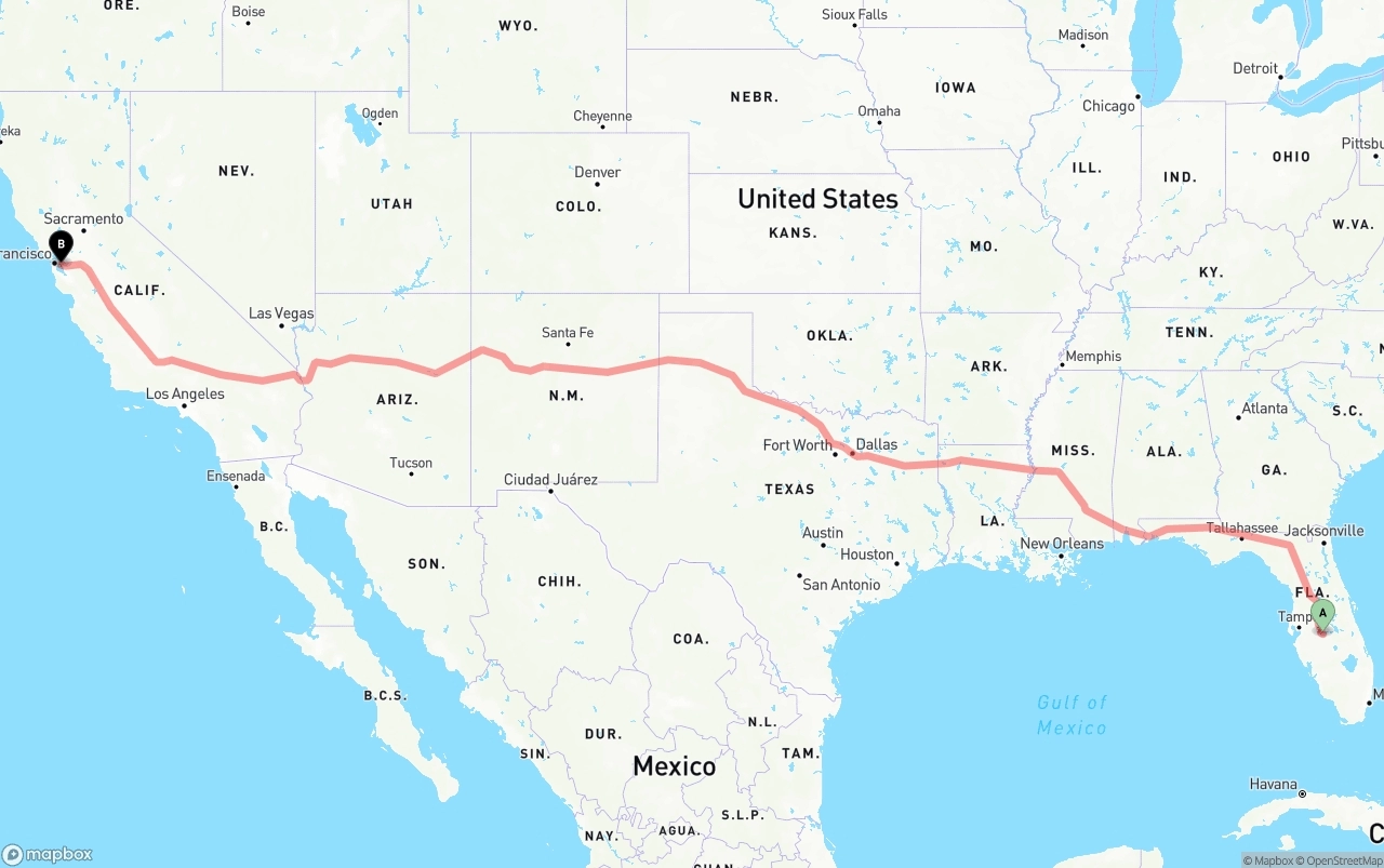 Shipping route from Florida to Oakland International Airport