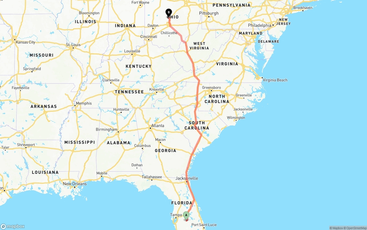 Shipping route from Florida to Ohio