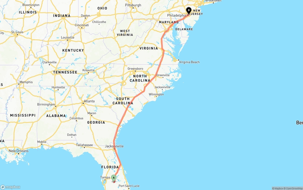 Shipping route from Florida to Port of Philadelphia