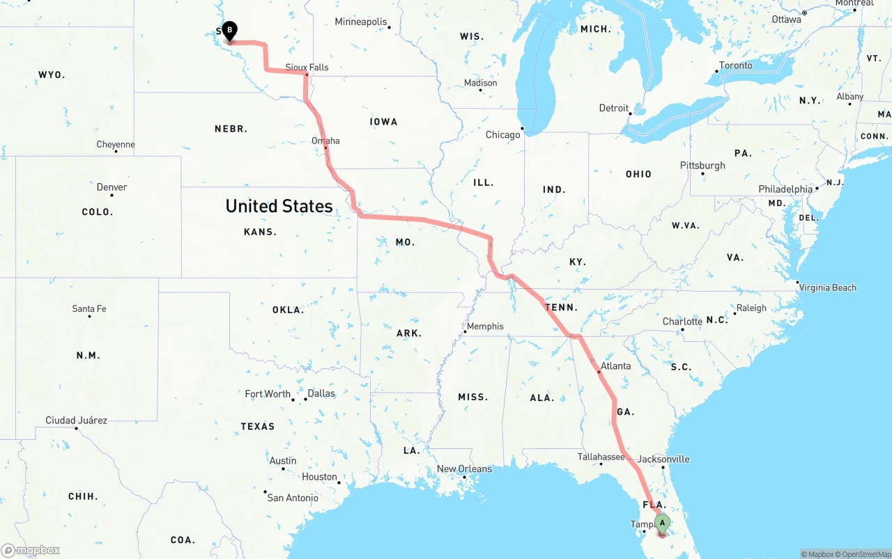 Shipping route from Florida to South Dakota
