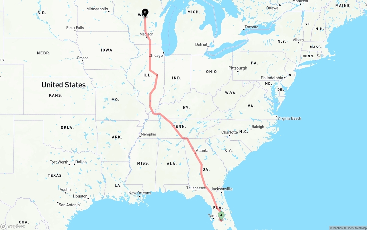 Shipping route from Florida to Wisconsin