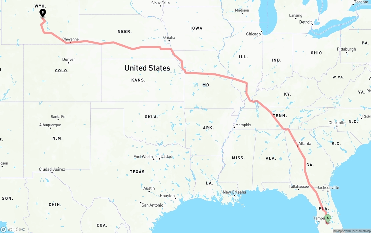 Shipping route from Florida to Wyoming