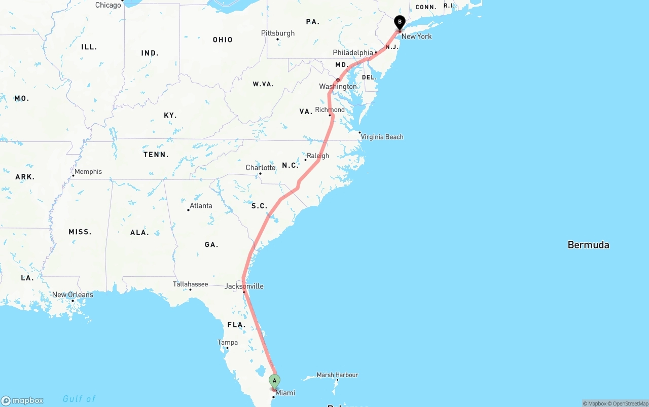 Shipping route from Fort Lauderdale-Hollywood International Airport to New York City