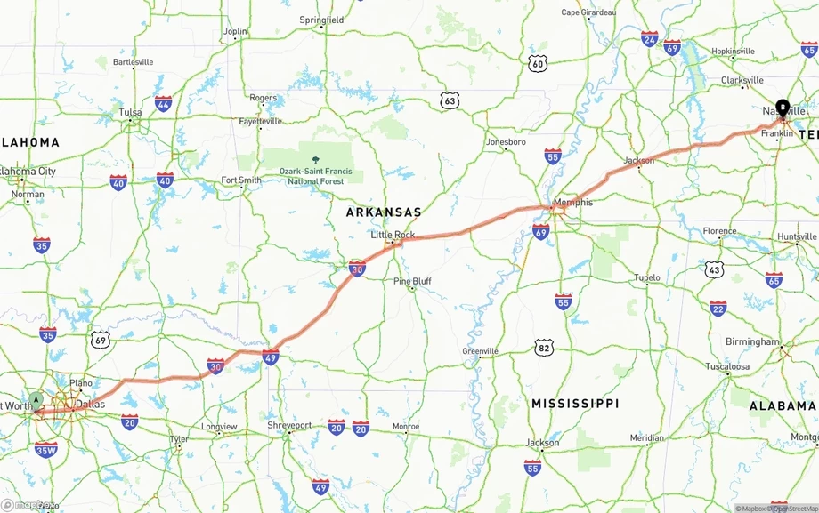 Fort Worth to Nashville freight shipping route map
