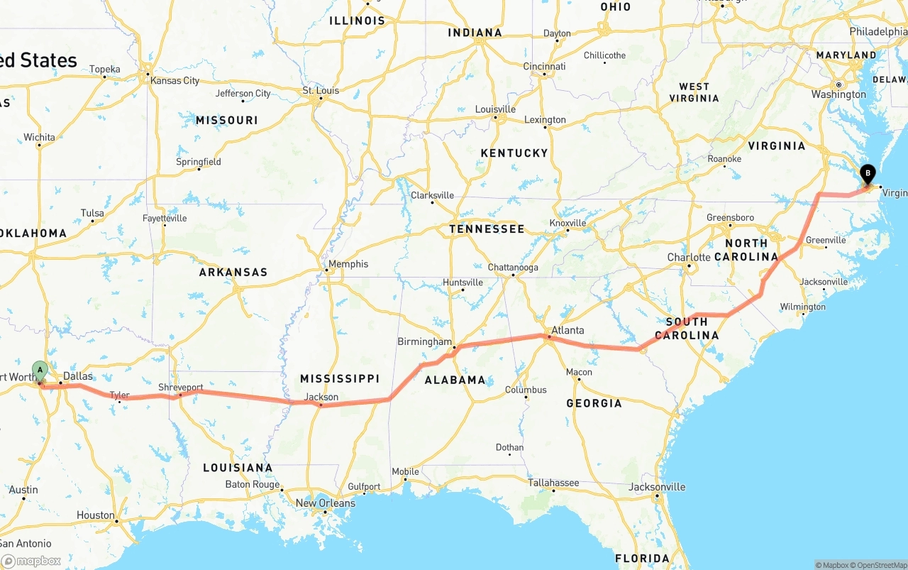 Shipping route from Fort Worth to Port of Norfolk