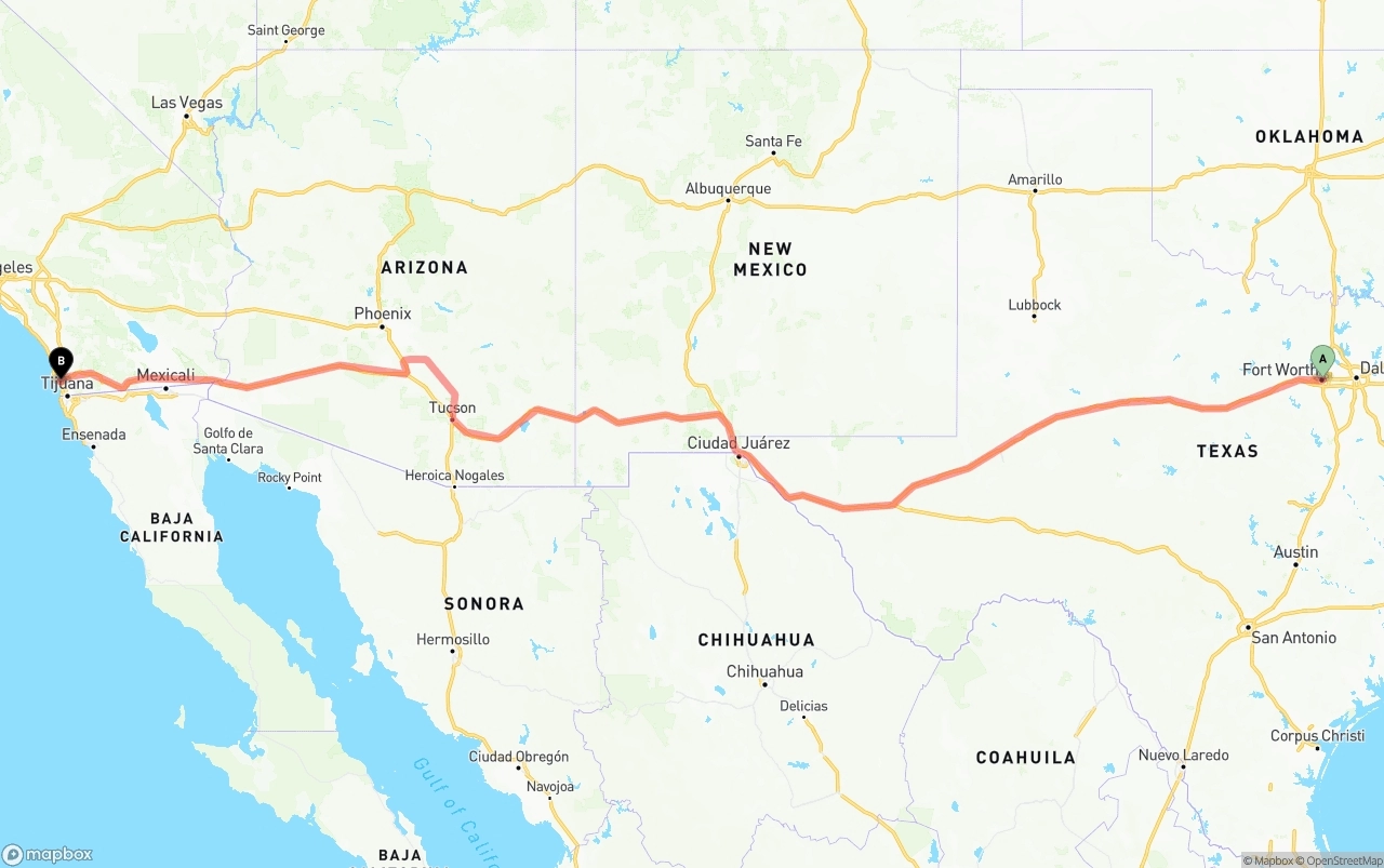 Shipping route from Fort Worth to San Diego