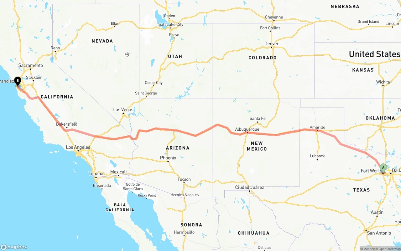 Shipping route from Fort Worth to San Francisco International Airport