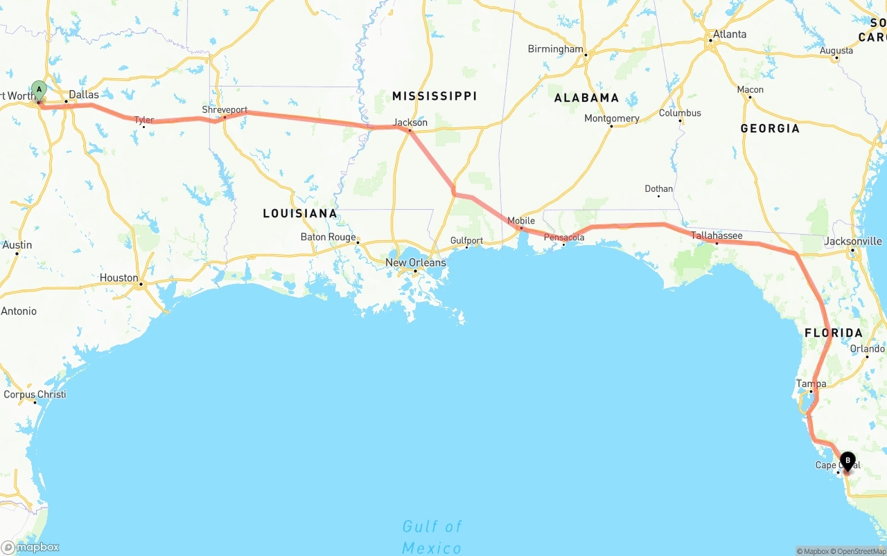 Shipping route from Fort Worth to Southwest Florida International Airport