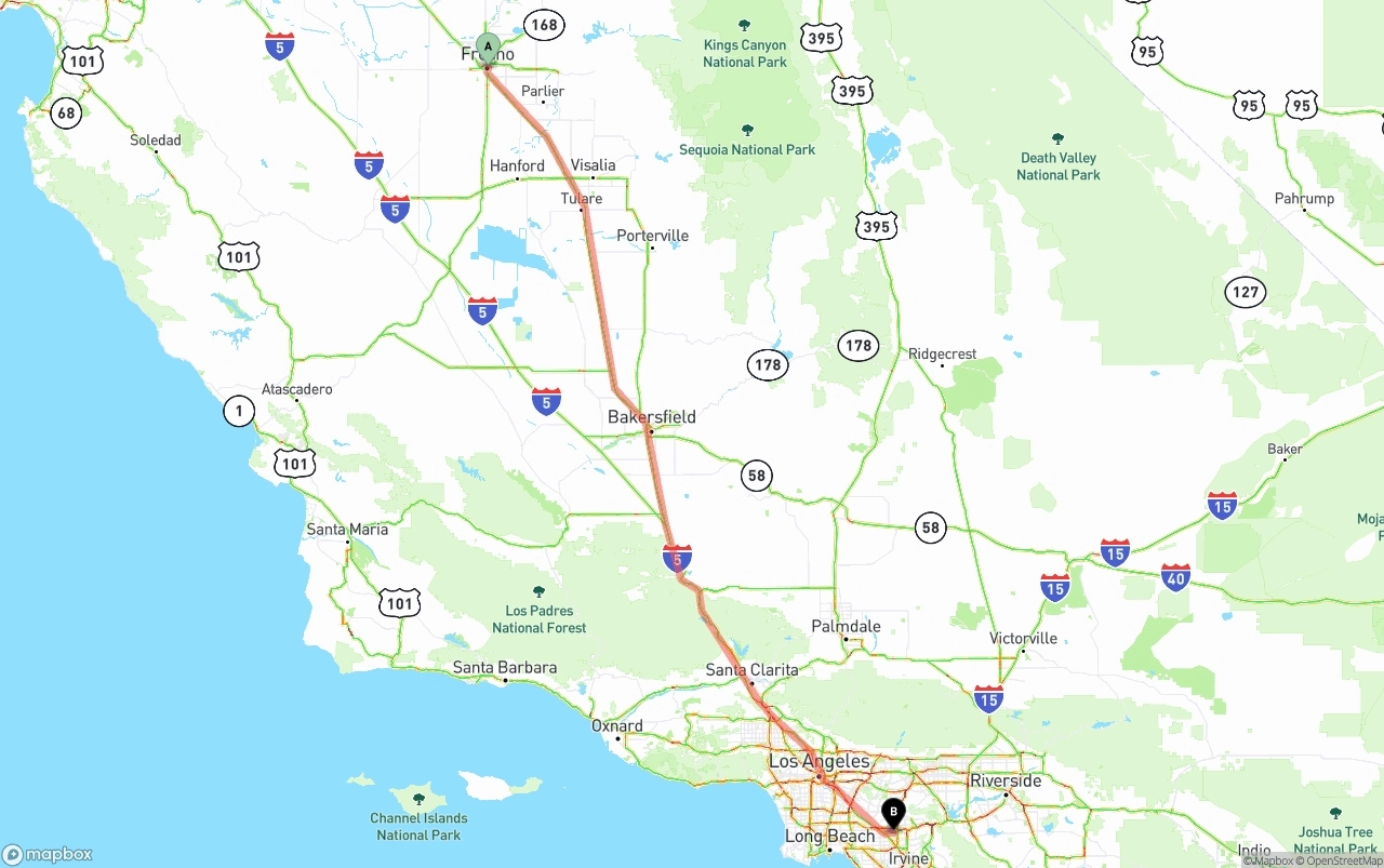 Shipping route from Fresno to Anaheim