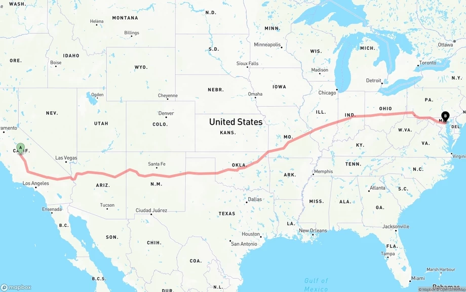 Fresno to Baltimore freight shipping route map