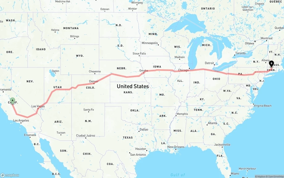 Fresno to Bradley International Airport freight shipping route map