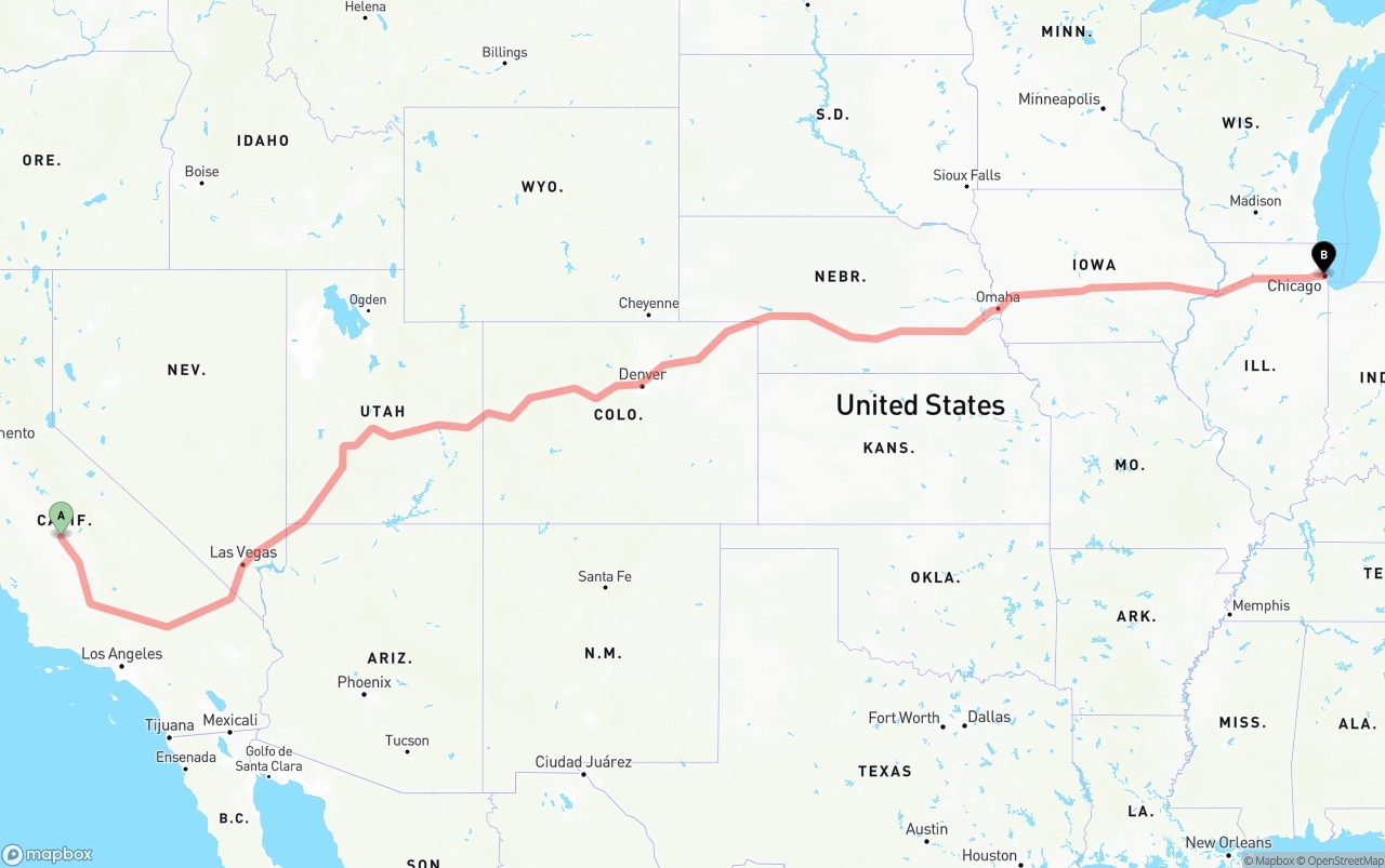 Shipping route from Fresno to Chicago