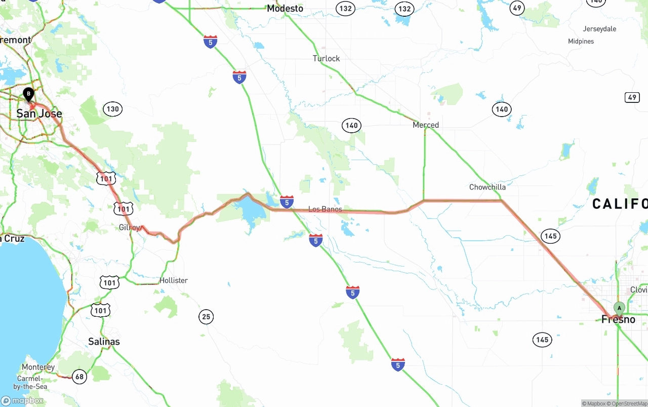 Shipping route from Fresno to Norman Y. Mineta San Jose International Airport