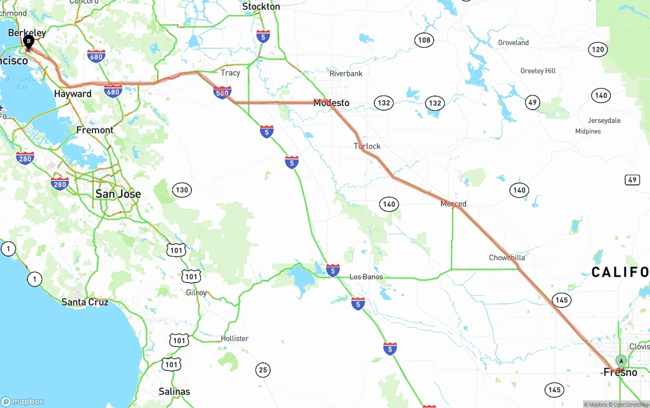 Shipping route from Fresno to Oakland
