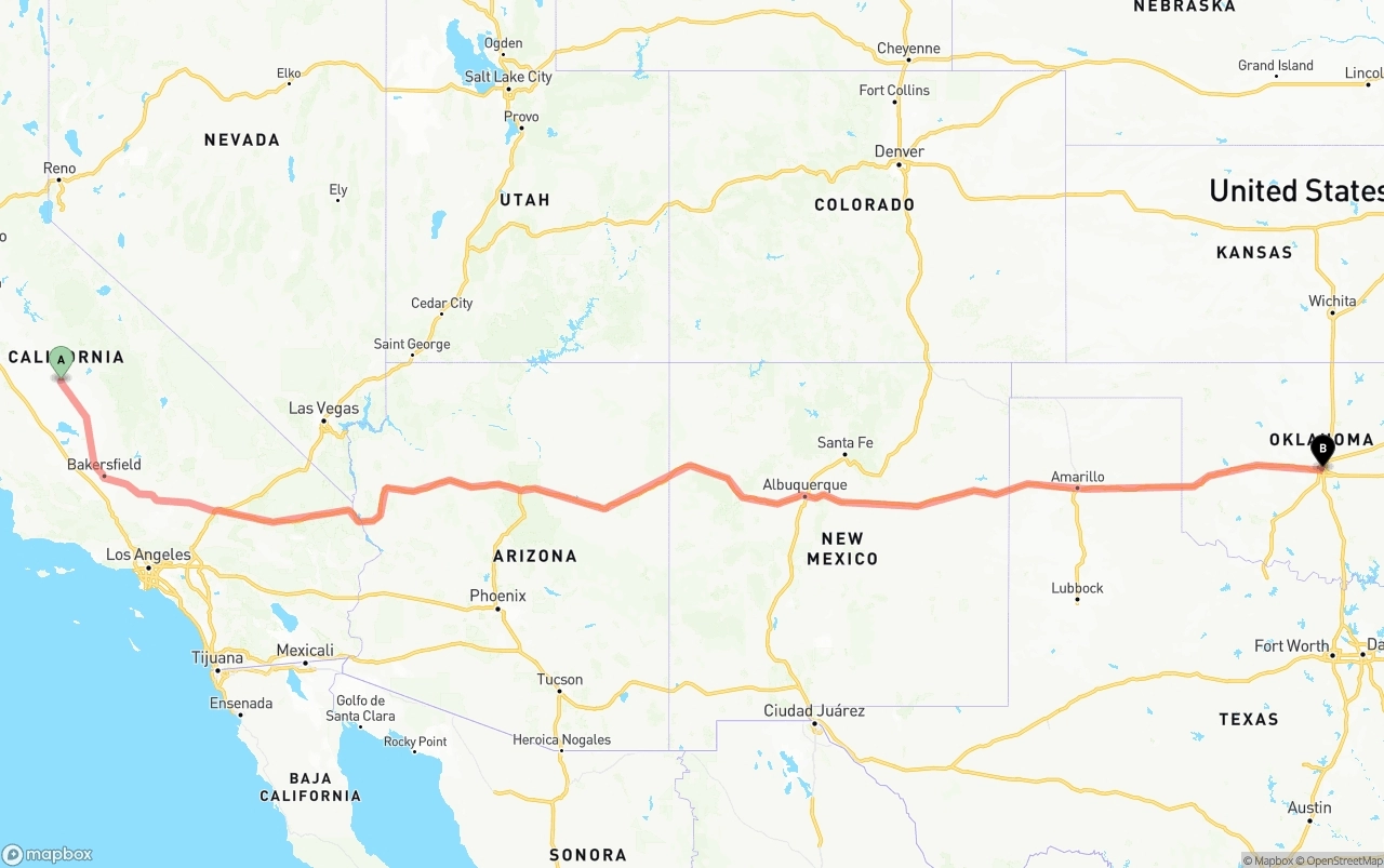 Shipping route from Fresno to Oklahoma City