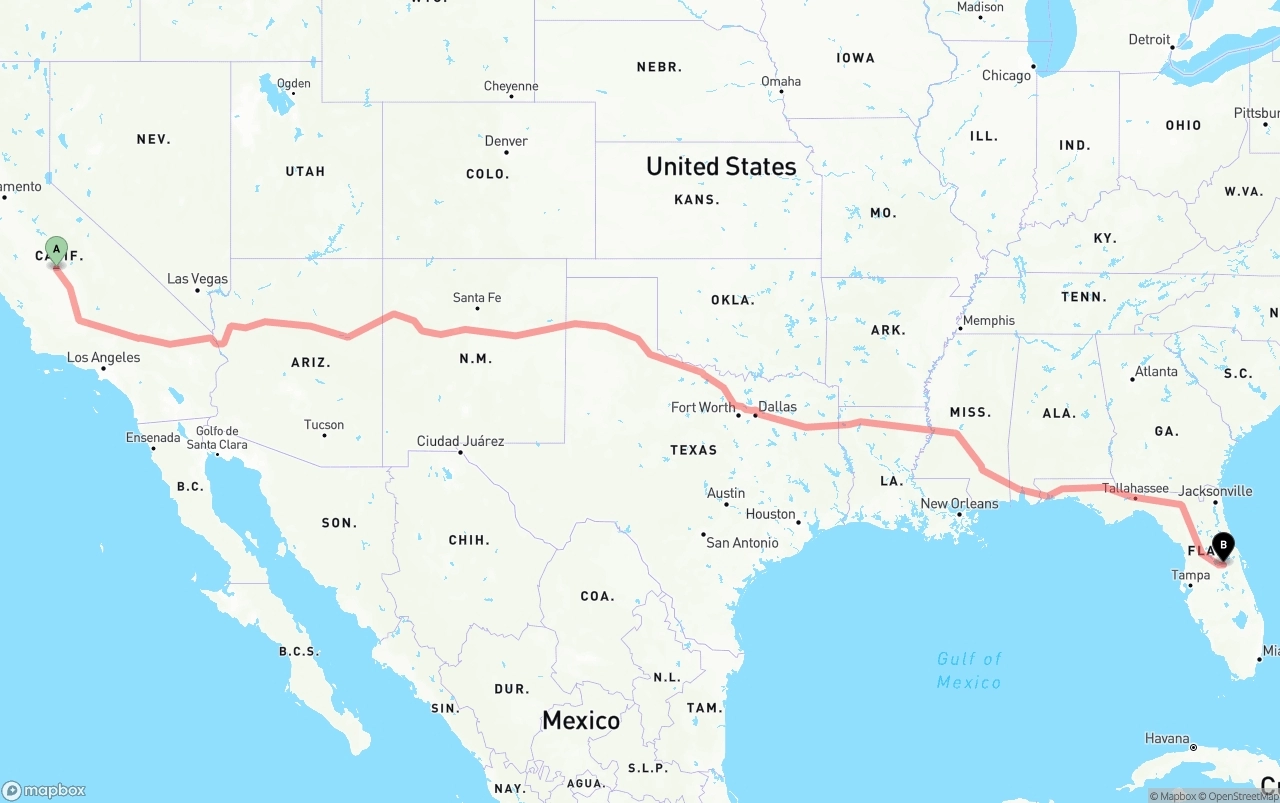 Shipping route from Fresno to Orlando